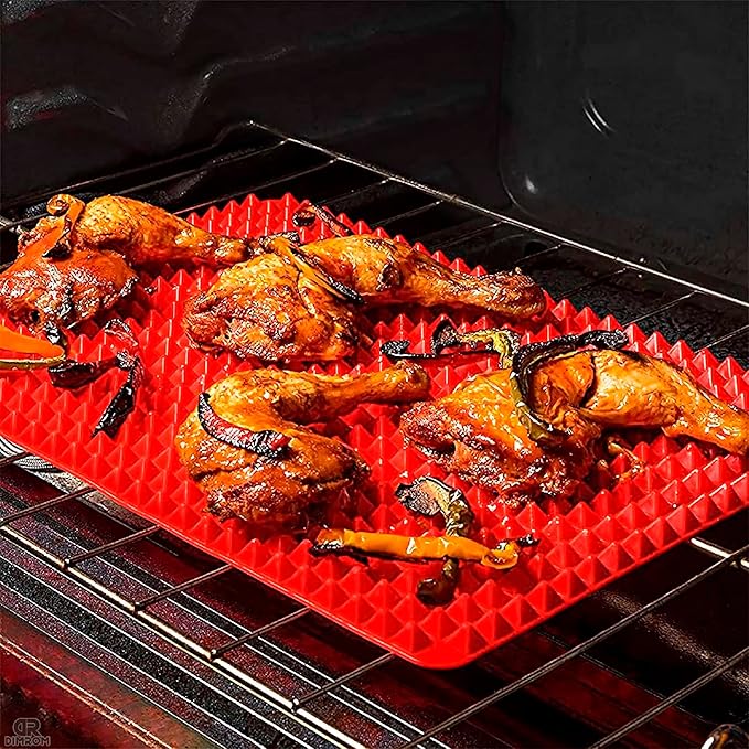 Silicone Baking Mat - 16x11.5" Non Stick Silicone Cooking Mat Fat Filtering Red Pyramid Design, for Roasting, BBQ & Pastry Making - Oven and Microwave Bacon Cooker Food Grade, Flexible & Easy-to-Clean