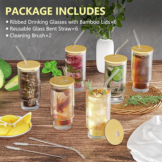 16Oz Glass Cups, 6Set Glass Tumbler with Straw and Lid, Vintage Glassware for Whiskey Cocktail Beer, Iced Coffee Cups with Lid (6 PACK)