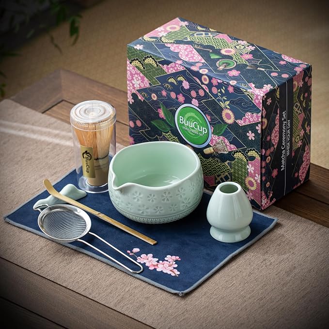 Matcha Whisk Set, Ceramic Matcha Set Includes Matcha Bowl, Matcha Whisk and Holder, Bamboo Scoop, Scoop Rest, Sifter and Tea Towel - 7 Pcs Matcha Kit for Matcha Lovers (Mint)