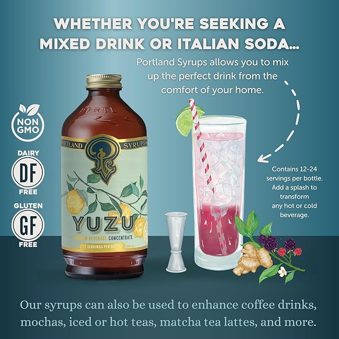 Portland Syrups Yuzu Syrup - Premium Beverage Concentrate for Delicious Cocktails, Mocktails, Tea, Soda, Coffee Drinks, Baking, and More - 12 oz with 12 Servings (Pack of 1)