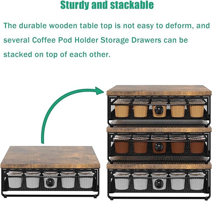 K Cup Organizer, Coffee Pod Holder Rack, Under Cabinet Pod Holder with Sliding Drawer holds up to 35 K-Cup Pods, No Assembly Needed, Rustic Brown