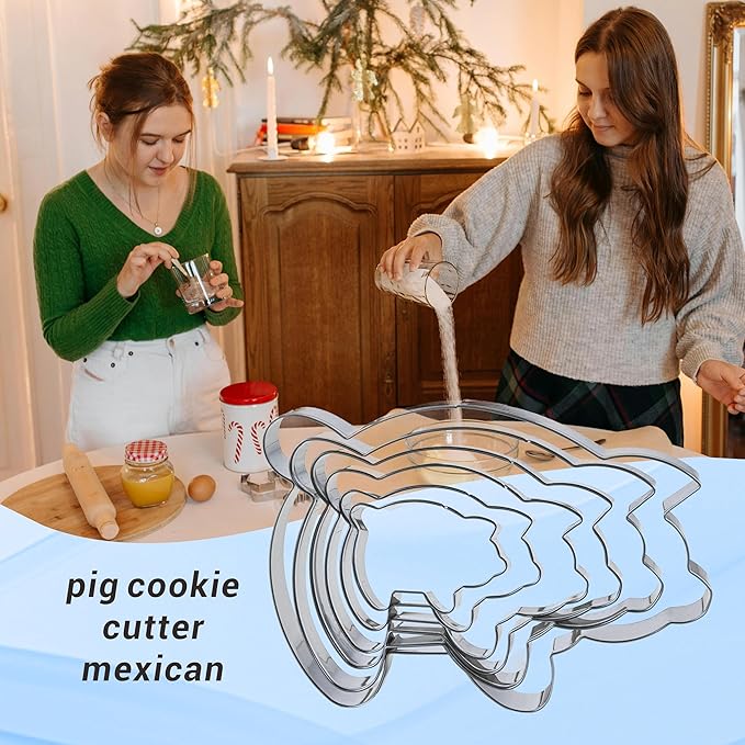 6PC Stainless Steel Pig Cookie Cutters Mexican - 5.5", 4.5", 4", 3.5", 2.5", 2.0"，Perfect for Mexican Concha Bread - Concha Cutter and Concha Stamp，Baking Tools for Pig Shaped Pastry and Bread Making