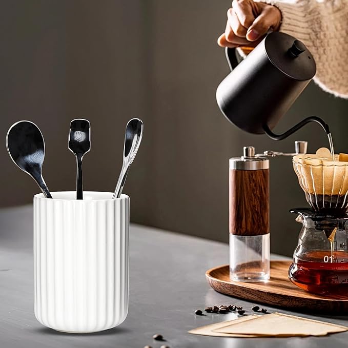 Ceramic Spoon Holder for Coffee Bar, Upright Tea Spoon Holder Cup, Coffee Stirrers Straws Stir Stick Holder, Brown Fluted Surface