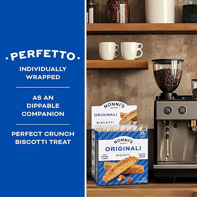 Nonni's Originali Classic Almond Biscotti Cookies – Individually Wrapped Italian Coffee Snack, Crunchy Twice-Baked, 80 Cal Each, 17.25 oz Carton, 2 Pack