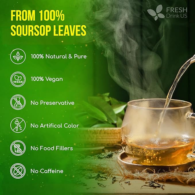 FreshDrinkUS, 75+ Premium Soursop Graviola Dried Leaves Tea, Natural Whole Leaves, Wildcrafted, Hoja De Guanabana, Soursop/Guanabana/Graviola Tea, No Sugar/Gluten/Caffeine/Non GMO, Vegan