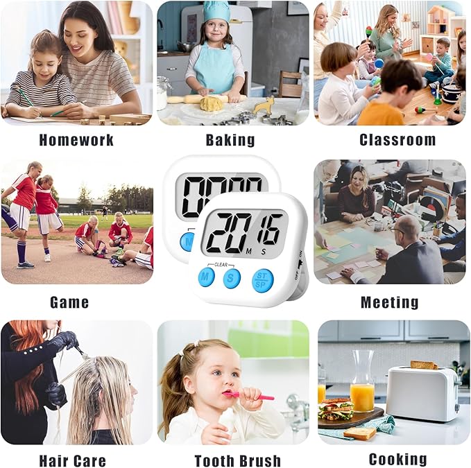 ZILLEEN Kitchen Timer Digital with Magnetic Back for Kids Classroom, White 12 Pack