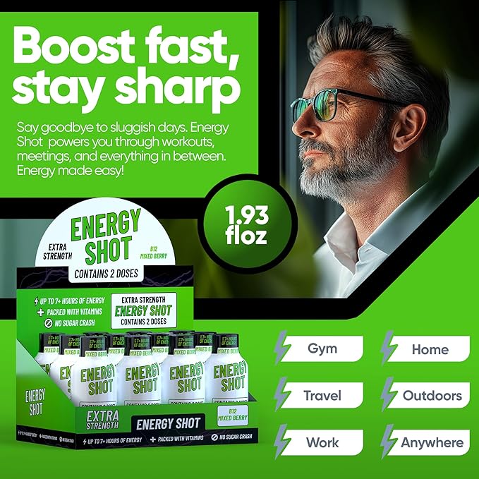 B12 Mixed Berry Extra Strength Energy Shot 48 pk – 260mg Natural Caffeine B12 B6 – Energy & Vitality Support – 2 Servings Sugar Free Zero Calorie Green Tea B-Vitamins Electrolytes Vegan – 1.93 fl oz