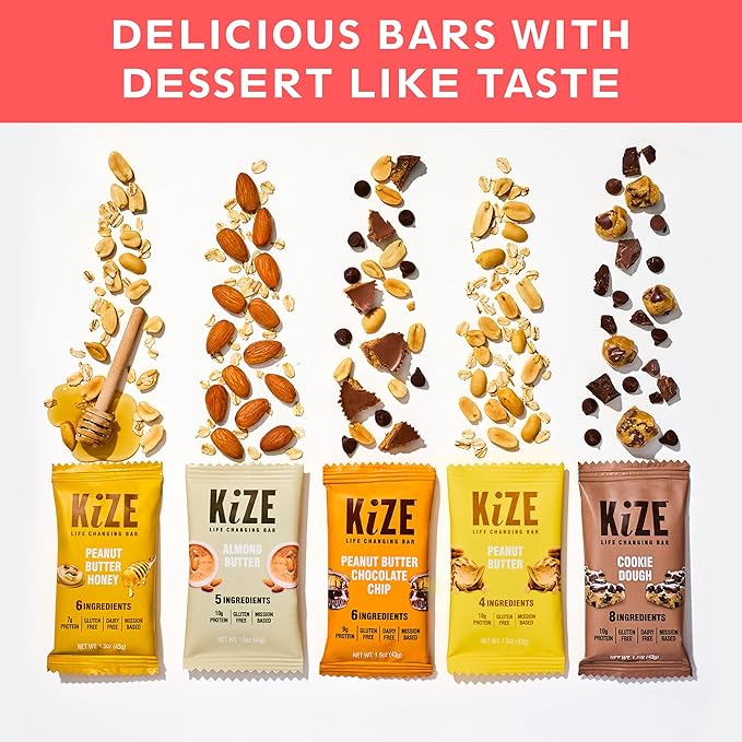 KiZE Energy Bars - Best Sellers Variety Pack - 30-Count -Gluten Free, Dairy Free Options, Non-GMO, and High Protein Meal Replacement Energy Bars, Clean and Simple Food Ingredients - 7-10g High Protein Snacks (30 Count)