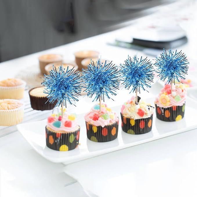 40 PCS Foil Firework Cupcake Toppers Light Blue Sparkler Cupcake Picks Sparkle Tinsel Fireworks Decorations Cocktail Fruit Toothpick for Firework Theme Birthday Wedding Graduation Party Decor Supplies