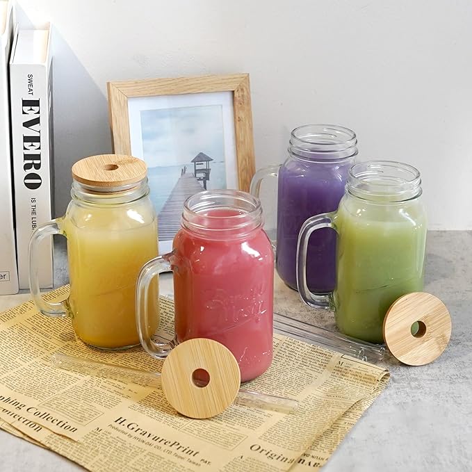 ANOTION Mason Jars Tumbler with Handle - Glass Cups with Lids and Straws Drinking Glasses Coffee Mug Glasses Drinking Set Iced Coffee Cup Smoothie Cup Tea Cup Travel Coffee Mug Water Cup