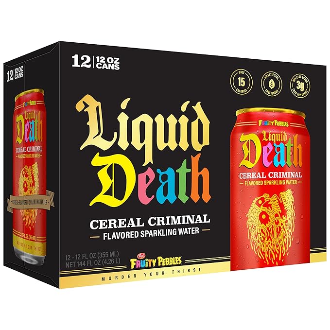 Liquid Death, Cereal Criminal, Fruitty Pebbles-Flavored Sparkling Water, 12-Pack (12oz Cans), Low Sugar, Huge Flavor & No Artificial Sweeteners