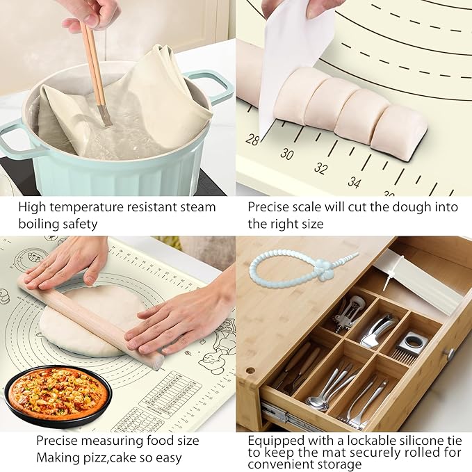 Silicone Baking Mat 24" x 16", Extra Thick Silicone Pastry Mat with Measurements and Edge Heightening, Non-stick Food Grade Dough Rolling Matfor for Pastry, Bread, Cookies, Pizza, Fondant, Pasta