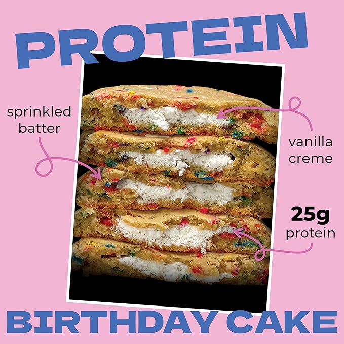 My Cookie Dealer Protein Cookies, Birthday Cake (12-Pack, 3.8oz Each) - 25g of Protein per Cookie - Individually Wrapped Workout Snacks for On-The-Go Travel