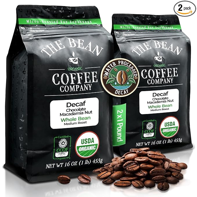 The Bean Organic Coffee Company Water Processed DECAF Chocolate Macadamia Nut, Medium Roast, Whole Bean Coffee, 16-Ounce Bags (Pack of 2)