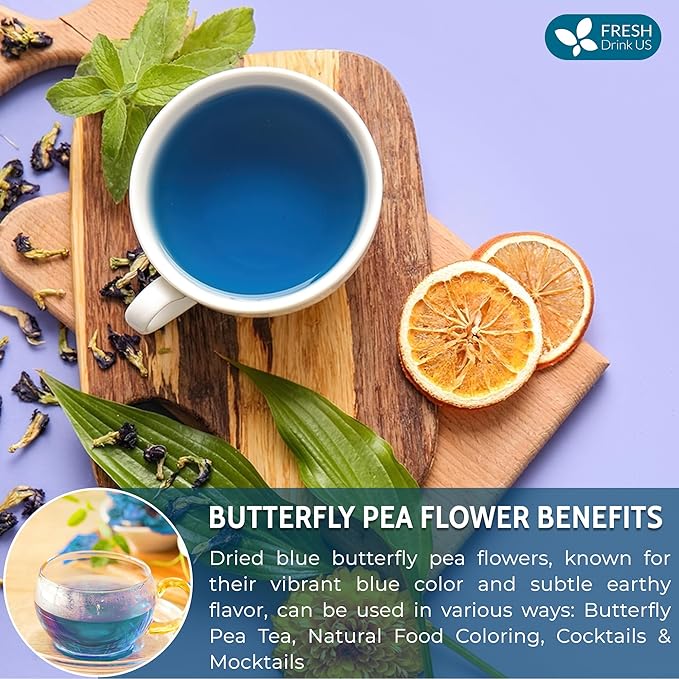 FreshDrinkUS, Premium 16oz Blue Butterfly Pea Flowers Dried – Premium Whole Flower Herbal Tea – Vibrant Blue Natural Color – Caffeine-Free Loose Flower Tea. Vegan