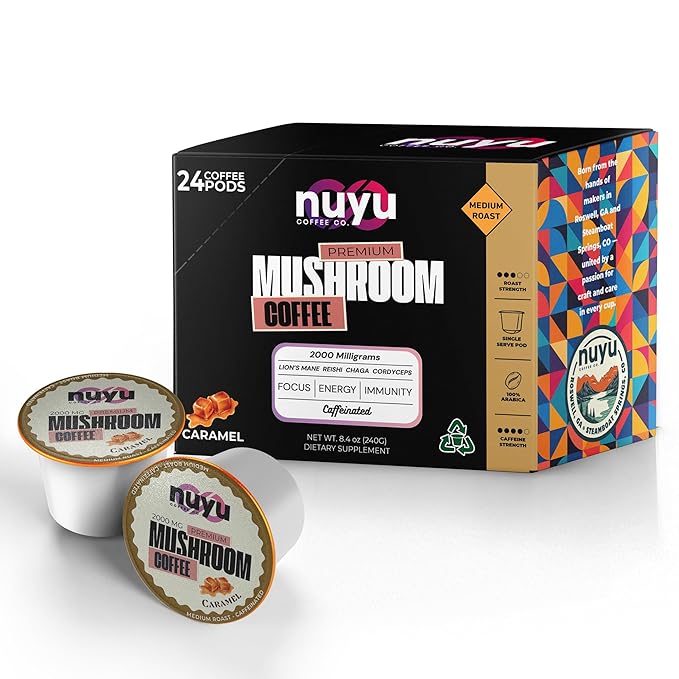 Nuyu Mushroom Coffee Pods, K-Cups, 100% Medium Roast Arabica Coffee with Lion's Mane, Reishi, Chaga, Cordyceps, 2000mg per Pod (24, Caramel)