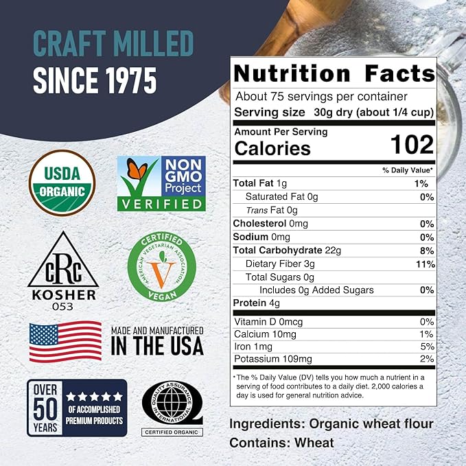 Great River Organic Milling Organic Whole Wheat Flour | Unbleached & Unbromated | High Protein & Fiber | Non-GMO, Kosher | Perfect for Sourdough, Bread, Rolls & Baking | 5 Lb