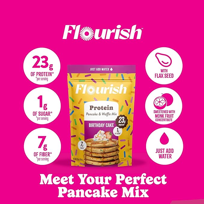 Flourish Protein Pancake & Waffle Mix, with Whey Protein & Flax Seed, No Added Sugar, High in Protein & Fiber - Just Add Water - Birthday Cake Flavour, 430g (3 Pack) - Made in Canada