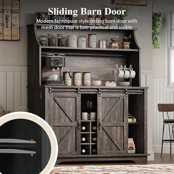 47 Inch Farmhouse Coffee Bar Cabinet with 3-Tier Storage, Kitchen Hutch with 9 Wine Racks & 3 Glass Holders, Coffee Bar with 6 Hooks, Wine Bar Cabinet for Dining Living Room, Rustic Oak