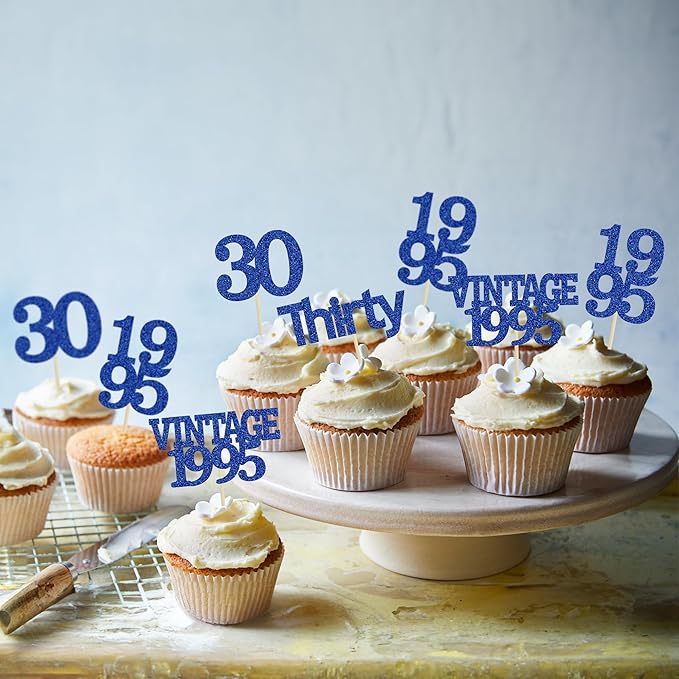 Gyufise 24Pcs Vintage 1995 Cupcake Toppers Cheers to 30 Fabulous Thirty Cupcake Picks Decorations for 30th Birthday Wedding Anniversary Party Supplies Deep Blue