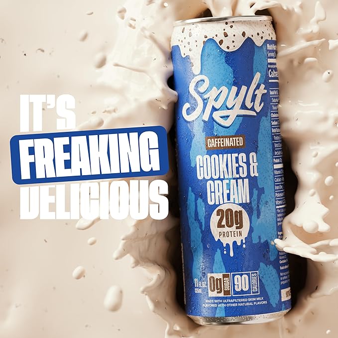 Spylt High Protein Cookies & Cream Milk with 60mg Caffeine & 20g Protein - 90 Calories, Ready to Drink, Sugar Free, Lactose Free Milk, Perfect for Workout Recovery & Afternoon Pick Me Up - 12 Count