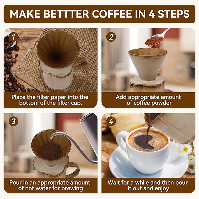AZYM Pour Over Coffee Maker Set,V60 Coffee Dripper with 20 Count Paper Coffee Filters,Four-Leaf Clover-Shaped Drip Coffee Maker,Vintage Ceramic Carafe,for Home Brewing,Camping,17.5 oz (Yellow)