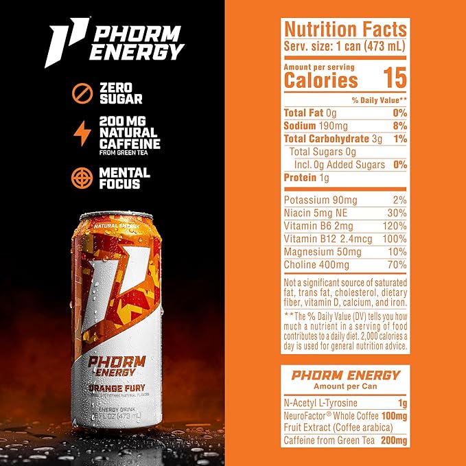 Phorm Energy Drink, Orange Fury Flavor, 200 MG Natural Caffeine From Green Tea, Sugar Free Carbonated Drink With Electrolytes & Vitamin B12, Dairy & Gluten Free, Vegan, 16 FL Oz Cans, 12 Pack