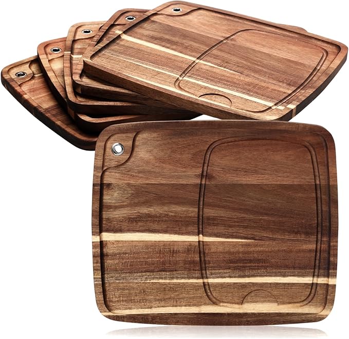 Uiifan 6 Pcs Steak Plates with Juice Channel Wooden Steak Board Set Acacia Cutting Serving Board for Home Serving Eating Meat Dishes Snack Dessert, 13 x 11 x 0.6 Inch