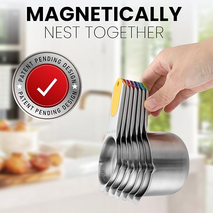Spring Chef Magnetic Stainless Steel Measuring Cups (Patent Pending), Kitchen Tools with Easy to Read Markings for Measuring Dry or Liquid Ingredients, Set of 7, Multicolor