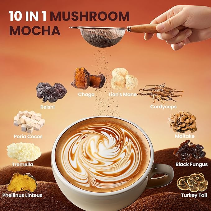10 IN 1 Mushroom Mocha Coffee Blend, Sugar Free, Coconut, Cocoa Powder with Lion’s Mane, Chaga, Reishi, Cordyceps | Supports Focus, Immunity & Gut Health| Vegan, Gluten-Free, Non-GMO | 6.35Oz
