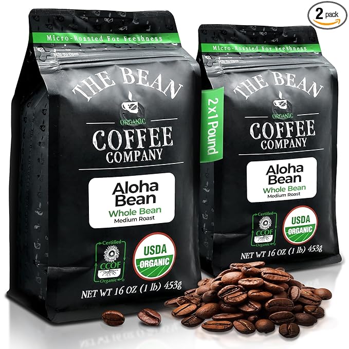 The Bean Organic Coffee Company Aloha Bean (Hawaiian Hazelnut), Medium Roast, Whole Bean Coffee, 16-Ounce Bags (Pack of 2)
