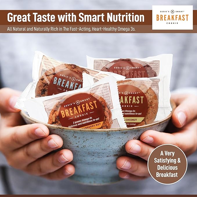 Susie’s Smart Breakfast Cookie, Mixed Box of 12 Breakfast Cookies (3) Orange Cranberry Nut (3) Gingered Apple (3) Banana Coconut (3) Cocoa Omega-3 and Protein-Rich, Soft Chewy Whole Grain Snack, Healthy On-the-Go Breakfast or Anytime Treat 3.5 oz Each.