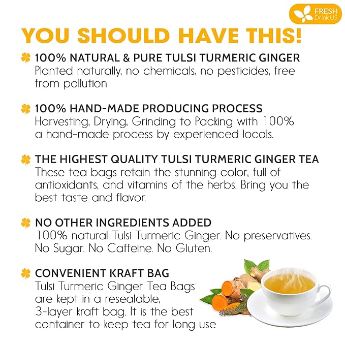 FreshDrinkUS, Premium 135 Tulsi Turmeric Ginger Tea Bags, 100% Natural & Pure from Tulsi Holy Basil Leaves, Turmeric and Ginger. Made with Natural Material Tea Bags. No Sugar, No Caffeine, Vegan.