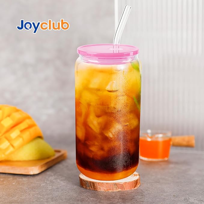 Joyclub 2pcs Glass Cups with Acrylic Lids and Straws 16 oz Can Shaped Glass Iced Coffee Cups with Lids and Straws, Cute Tumbler Cup Drinking Glasses for Smoothie Whiskey Boba Soda Tea Gift