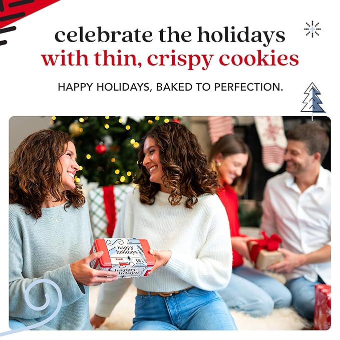 David's Cookies Happy Holidays Thin and Crispy Cookies Tin – Gourmet Crunchy Cookies in Festive Sweet Sampler – Holiday Dessert Gift for Friends Family, Christmas Treats and Seasonal Celebrations