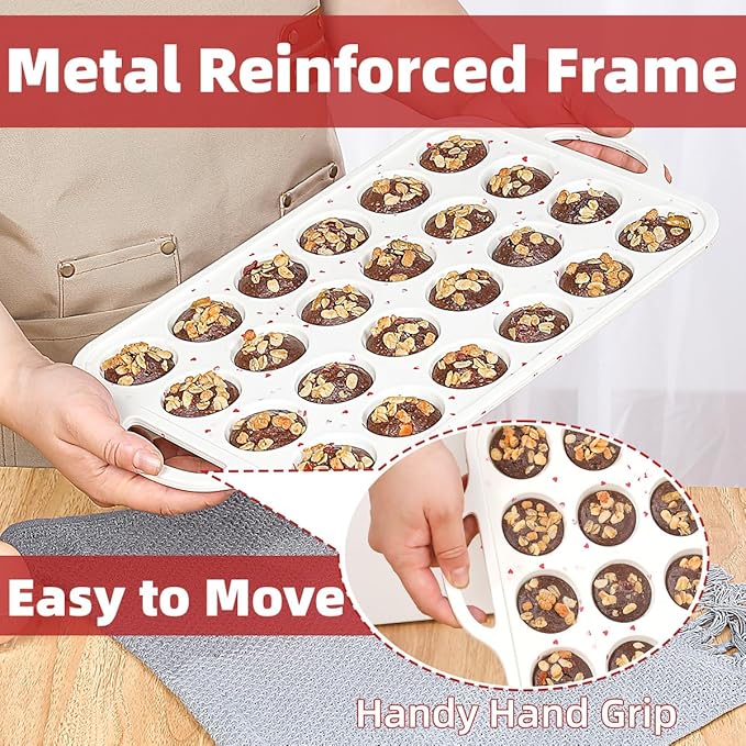 CAKETIME Mini Cupcake Pan, Metal Reinforced Frame Silicone Mini Muffin Pan Nonstick 24 Cups with Handle for Valentine's Day Baking Muffins, Cupcakes, Egg Bites 1 Pack