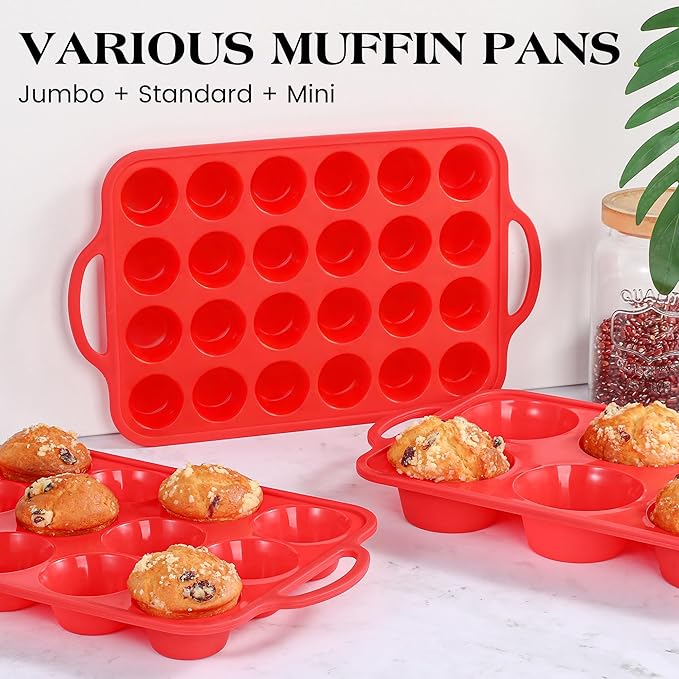 Silicone Mini Muffin Pan With Stainless Steel Reinforced Frame 24 Cups Nonstick Cupcake Molds for Baking Silicone Muffin Tray with Handles(2 Pcs, Red)