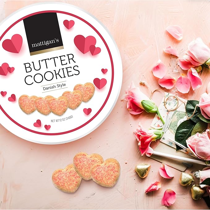 Mattigan's Pink Heart Butter Cookies Danish Style Cookie, 12 Oz Tin 2-Pack, Gourmet Gifts for Birthday, Special Occasions, Assorted Cookie Dessert Sweets, Two Reusable Metal Tin