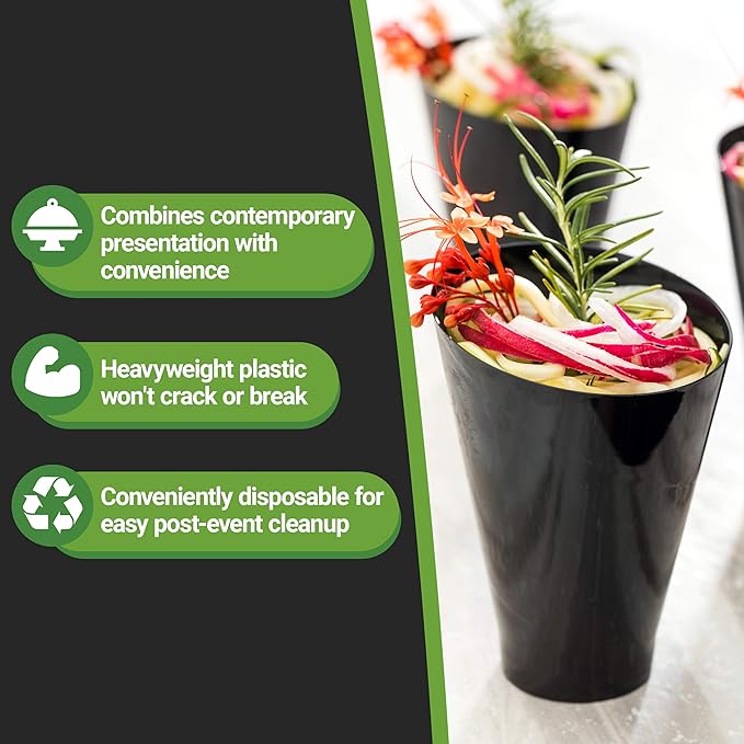 Restaurantware 7 Ounce Plastic Glasses 100 Round Incline Shooter Cups- Disposable Sturdy Black Plastic Round Bowls Unique Design For Soups Appetizers Or Desserts
