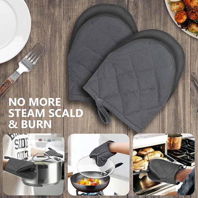 1 Pair Short Oven Mitts - Silicone Kitchen Oven Gloves High Heat Resistant 500℉, Mini Oven Mits with Non-Slip Grip Surfaces and Hanging Loop for BBQ, Baking, Cooking and Grilling (Solid Gray)