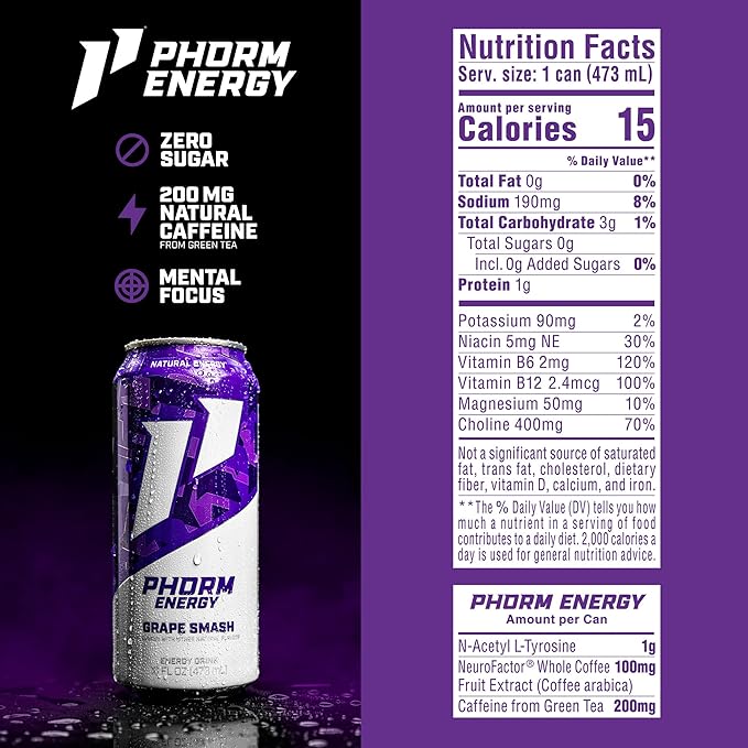 Phorm Energy Drink, Grape Smash Flavor, 200 MG Natural Caffeine From Green Tea, Sugar Free Carbonated Drink With Electrolytes & Vitamin B12, Dairy & Gluten Free, Vegan, 16 FL Oz Cans, 12 Pack