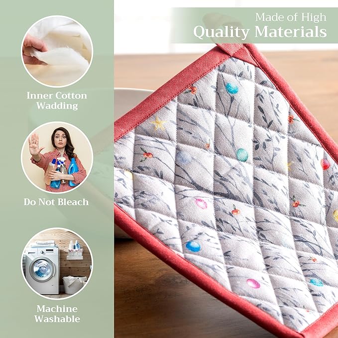 Maison d' Hermine Pot Holders Set 100% Cotton Heat Resistant Potholders 8" x 8" Hot Pads with Loop BBQ, Cooking, Baking, Grilling, Kitchen, Handling Hot Pans (Pack of 2, Fairy Christmas)