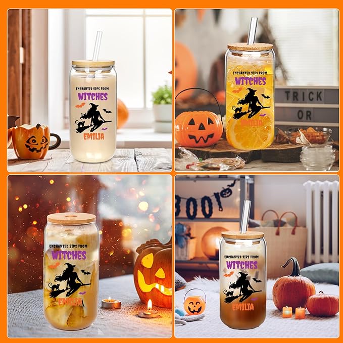 Personalized Halloween Tumbler for Witches-Boo Basket Stuffers- Can Shaped Glass with Lids and Straws18OZ -Halloween Gifts for Women Kids Daughter