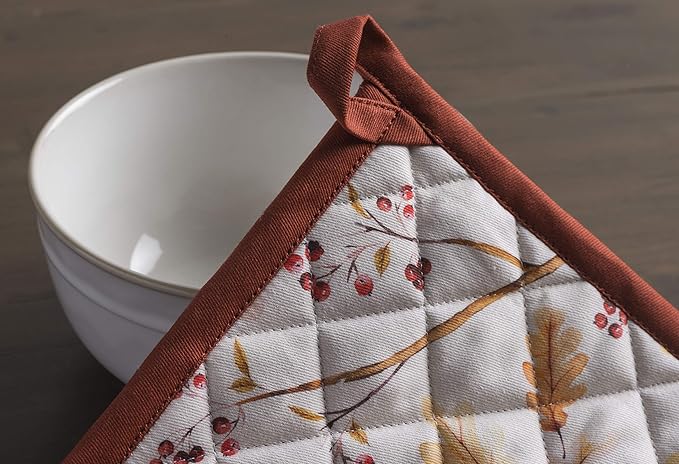 Maison d' Hermine Pot Holders Set 100% Cotton Heat Resistant Potholders 8" x 8" Hot Pads with Loop BBQ, Cooking, Baking, Grilling, Kitchen, Handling Hot Pans (Pack of 2, Oak Leaves)