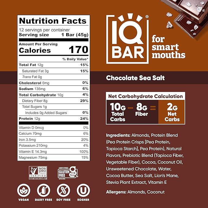 IQBAR Brain and Body Plant Protein Bars - Chocolate Sea Salt - 24-Count - Keto, Vegan, Low Carb, High Fiber, Gluten Free, Dairy Free, Low Sugar Snack with Nutrients for Focus, Energy, Meal Replacement