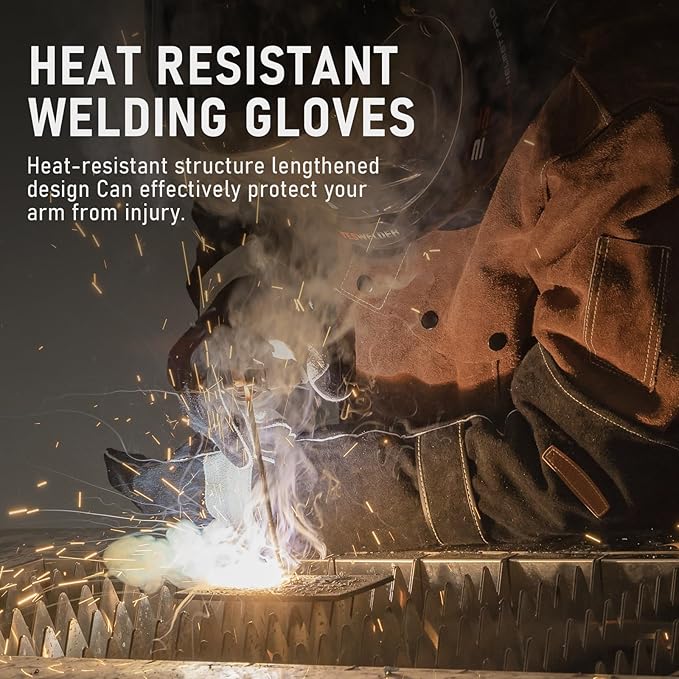YESWELDER 23.6 Inches 932℉,Leather Forge MIG Welding Gloves, with Kevlar Stitching Heat/Fire Resistant, Palm Reinforcements, Forge,Grill, Fireplace Black-Gray