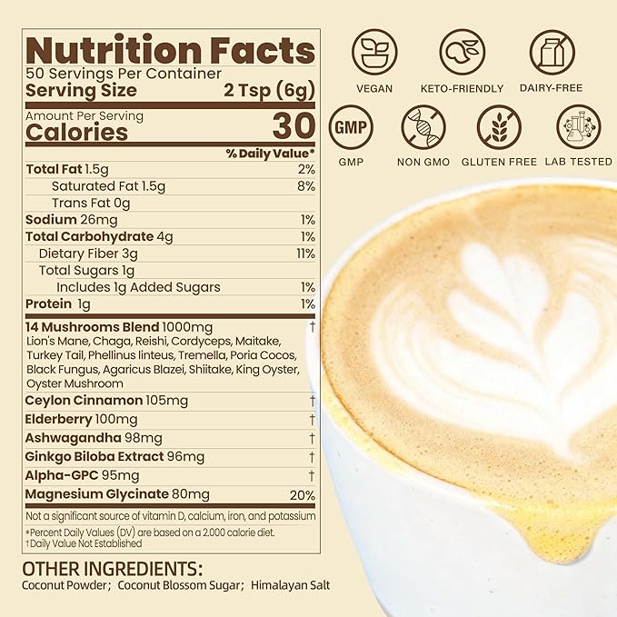 Mushroom Coffee Creamer, 50 Servings, 20-in-1 Superfood Coconut Creamer Powder with 14 Mushroom Supplements, Ashwagandha, Alpha-GPC, Magnesium Glycinate | Energy & Focus & Digestion | Non-Dairy, Keto