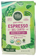 Whole Foods Market, Organic Espresso Bel Canto Whole Bean Coffee, Medium-Light Roast, Berries & Cocoa Powder, 12 Ounce