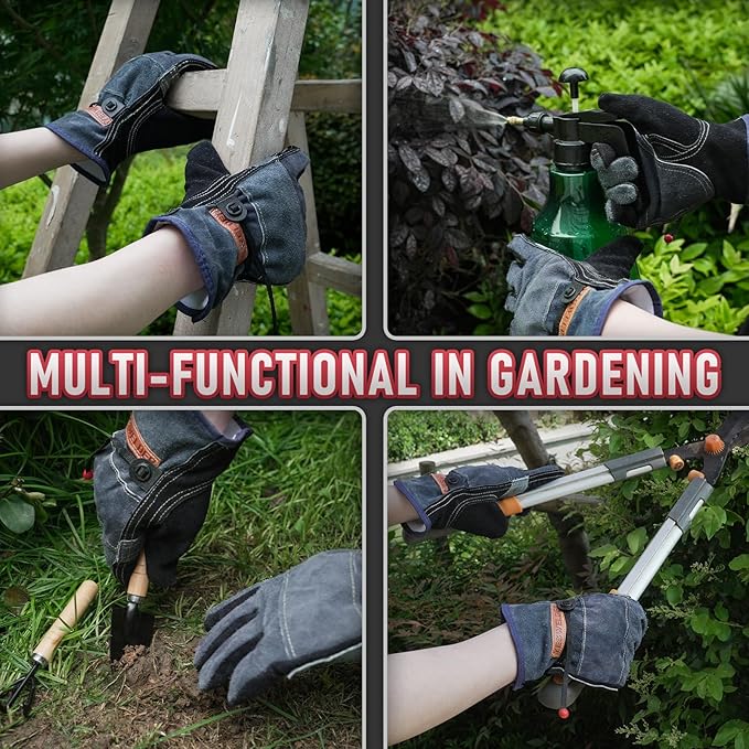 YESWELDER Leather Work Gloves for Men or Women，Suitable for welding | gardening |construction etc. Cowhide leather with cotton lining, wrist closure, grippy and durable.Reinforced palm,Black-gray M