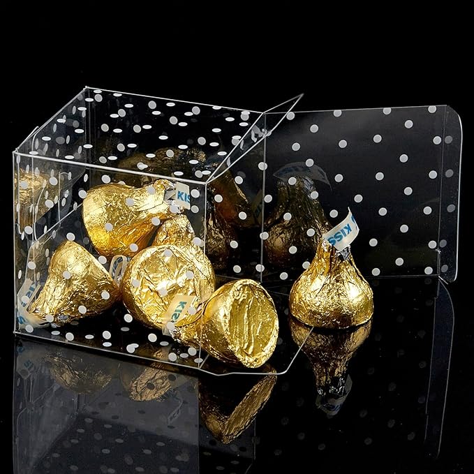 Ocmoiy 2x2x2 Inches Macaron Boxes for 2, White Polka Dot, 50 PCS Small Clear Favor Cube Boxes with Silver Ribbons for Wedding Baby Shower Birthday Party Supplies